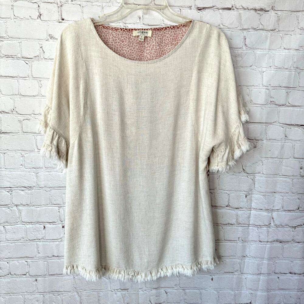 Umgee S Cream Linen Blend Floral Back Oversized Tunic Top Fringe Boho Hippie